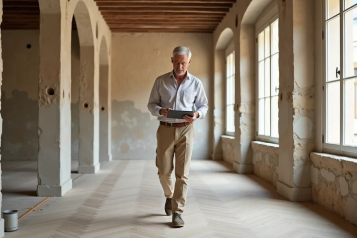 Homme inspectant un appartement en rénovation à Marseille avec des murs en pierre calcaire et parquet neuf