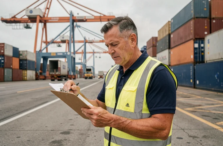 Responsable logistique portuaire examinant des documents de fret sur un terminal à conteneurs commercial