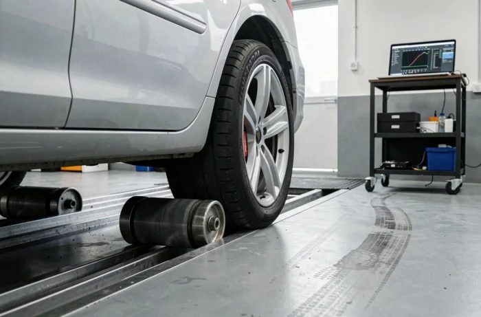 Roues arrière d'une berline posées sur les rouleaux d'un banc de puissance dans un garage de préparation automobile