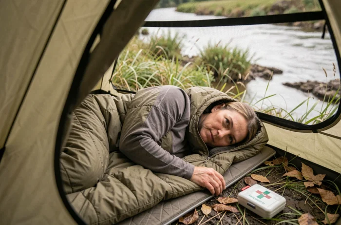 Femme allongée dans une tente légère au bord d'une rivière avec une trousse de premiers secours, représentant les précautions à prendre pour dormir en sécurité à l'extérieur
