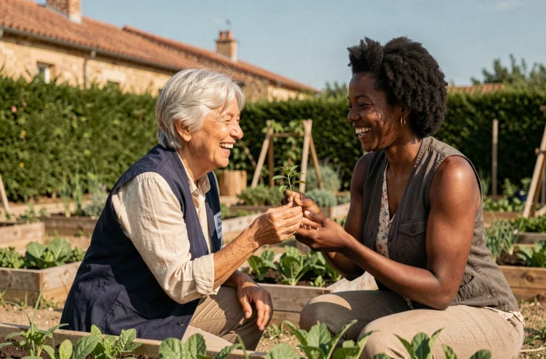Bénévole senior française aidant une jeune femme dans un jardin communautaire solidaire en milieu rural