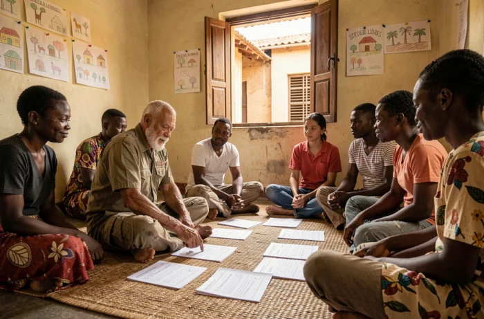 Senior bénévole animant un atelier d'alphabétisation dans une salle de classe communautaire en Afrique de l'Ouest