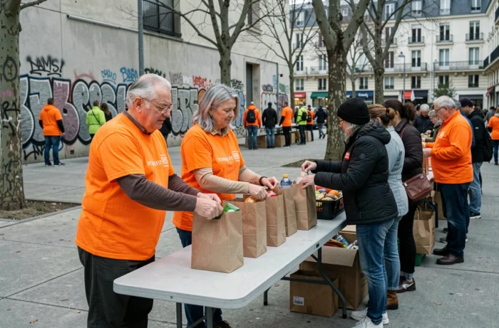 Deux seniors bénévoles distribuant des colis alimentaires dans un point de distribution solidaire en ville en France