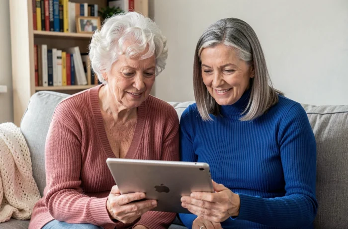 Deux femmes seniors consultant une tablette ensemble dans un salon, représentant l'accès aux ressources numériques de santé pour les personnes âgées