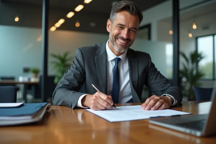 Dirigeant d'entreprise signant un contrat d'assurance responsabilité civile professionnelle dans une salle de réunion moderne