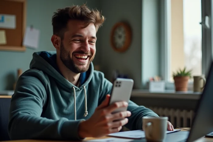 Homme montrant son téléphone avec un SMS style breaking news annonçant humoristiquement son départ en vacances