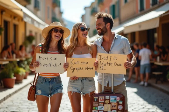 Groupe d'amis souriants tenant des pancartes humoristiques pour souhaiter de bonnes vacances avec humour et tendresse