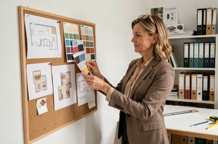 Femme professionnelle organisant des échantillons de matériaux sur un tableau de conception dans un studio de formation en architecture d'intérieur
