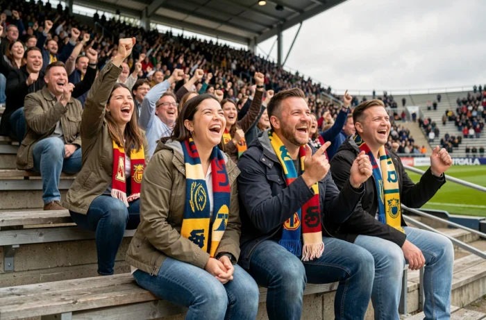 Groupe de supporters enthousiastes dans un stade lors d'un événement sportif en direct