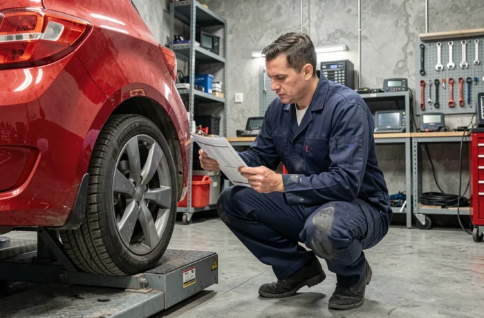 Technicien automobile effectuant un passage au banc de puissance sur une voiture rouge dans un atelier professionnel