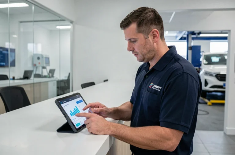 Technicien de contrôle technique consultant l'espace affilié Securitest sur une tablette au bureau d'accueil d'un centre de contrôle