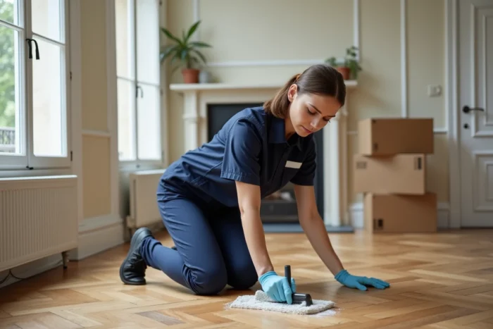 Technicienne de nettoyage professionnel en uniforme qui récure le parquet d'un appartement parisien lors d'une prestation de remise en état