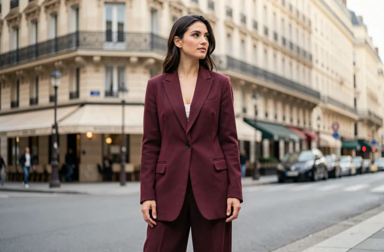 Femme élégante en blazer bordeaux oversize sur un boulevard parisien, tendance mode automne-hiver