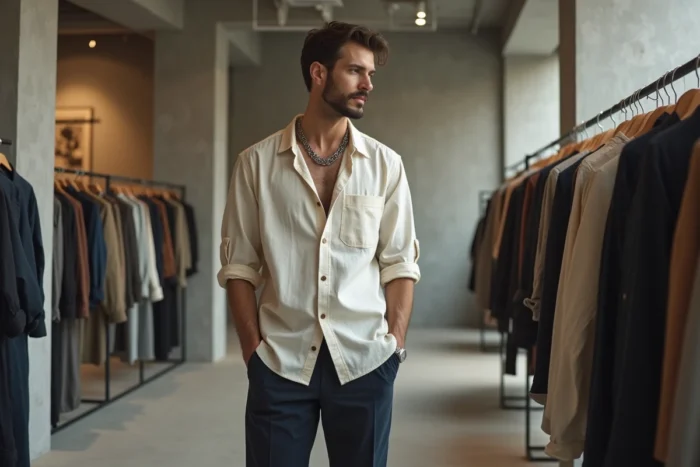 Homme en chemise lin écru et pantalon marine dans un concept store minimaliste, style mode masculine tendance 2024