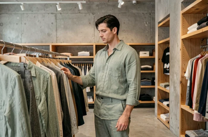 Homme en co-ord lin vert sauge dans un concept store contemporain, tendance mode masculine minimaliste
