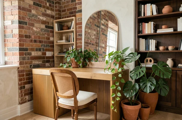 Coin bureau à domicile tendance avec bureau en chêne cannelé, chaise en rotin, miroir arqué et plantes tropicales en pots terracotta