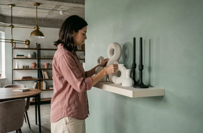 Femme arrangeant des objets décoratifs sculpturaux sur une étagère murale devant un mur vert sauge dans un appartement contemporain