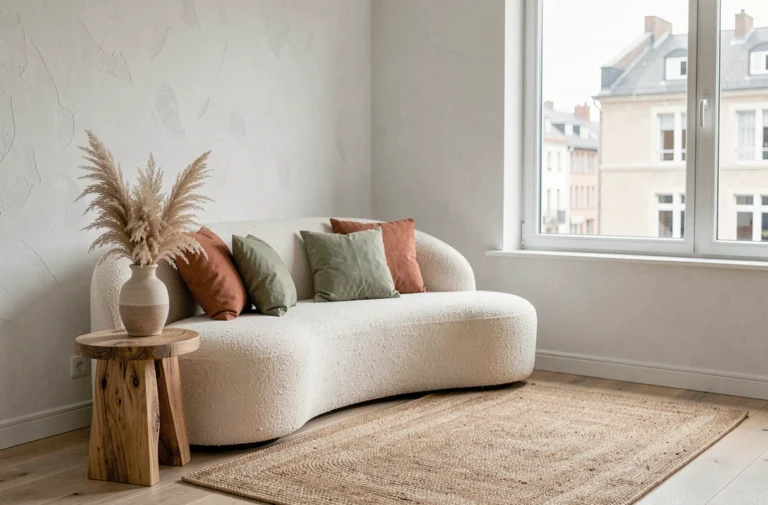 Salon moderne tendance avec canapé boucle crème, coussins terracotta et vase en céramique artisanale sur parquet chêne clair