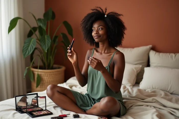 Femme aux cheveux naturels entourée de palettes de maquillage testant des teintes de lèvres tendance sur son lit