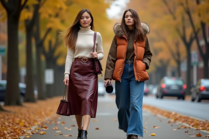 Deux femmes en tenues tendance automne 2024 marchant dans une avenue parisienne avec feuilles dorées, jupe cuir et veste matelassée