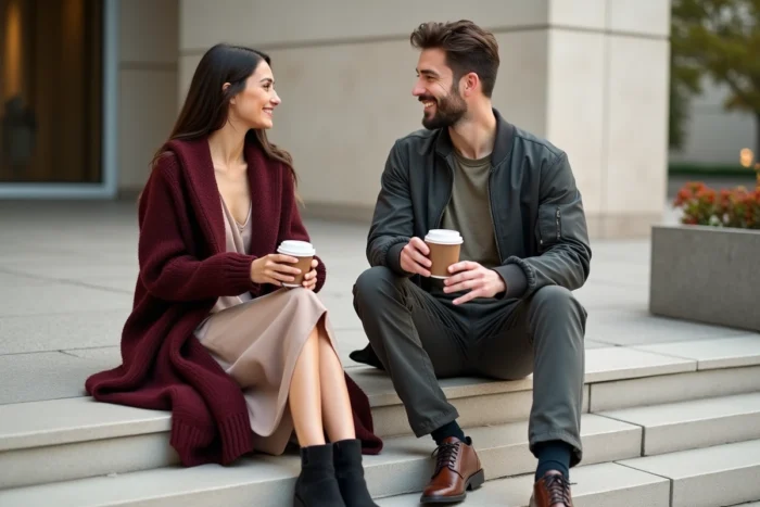 Deux amis en tenues tendance automne assis sur des marches de musée moderne, cardigan bordeaux et bomber charcoal, mode saison