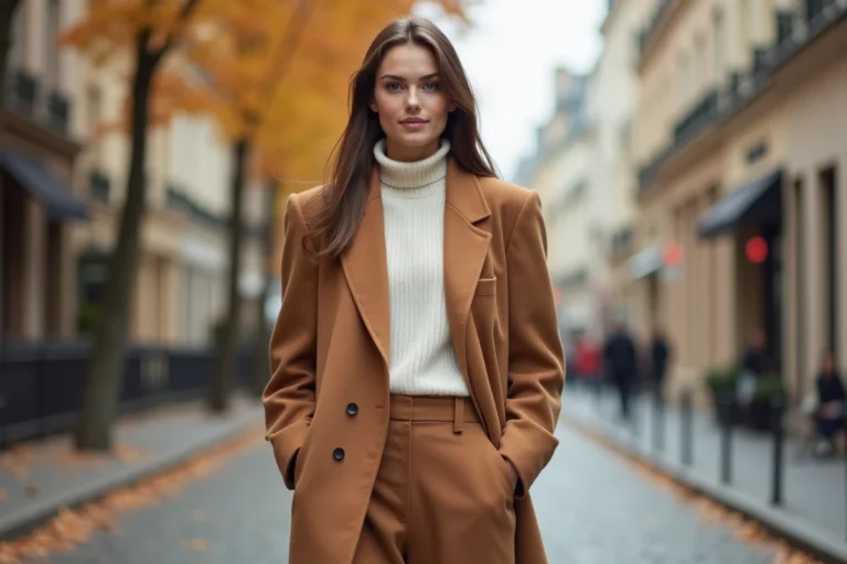 Femme en blazer camel oversized et pantalon large marchant sur un trottoir parisien en automne, tendances mode saison