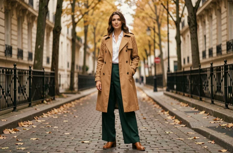 Femme élégante en trench coat camel et pantalon vert forêt marchant sur un pavé parisien en automne, illustrant les tendances mode incontournables de la saison