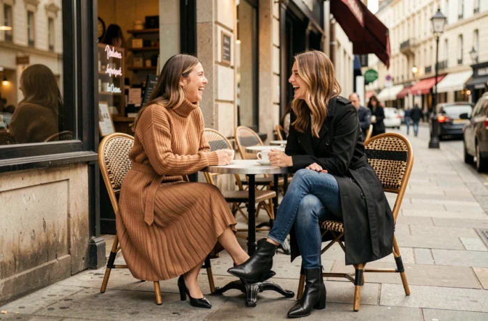 Deux femmes à la terrasse d'un café parisien portant des tenues tendance automne — col roulé camel et trench coat noir