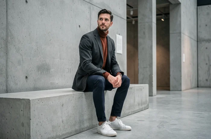 Homme stylé en blazer charbon et col roulé rouille assis dans une galerie d'art moderne, incarnant un style masculin contemporain et les tendances mode actuelles