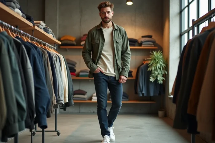 Homme en veste utilitaire verte et jean indigo dans un concept store moderne, style mode tendances masculines de saison