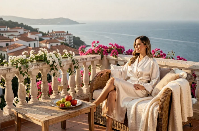 Femme en peignoir de soie sur la terrasse privée d'une suite d'hôtel 5 étoiles avec vue panoramique sur la mer Méditerranée