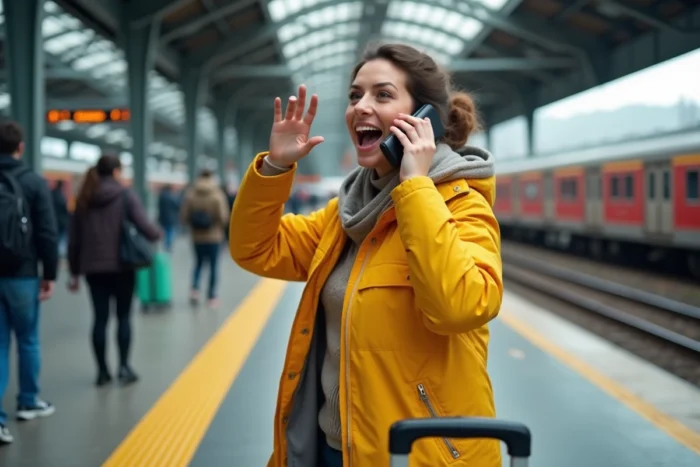 Femme téléphonant de façon théâtrale sur un quai de gare pour souhaiter bon voyage façon commentateur sportif