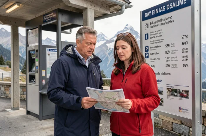 Couple de touristes consultant un panneau d'information d'un parking public à Chamonix avant de rejoindre l'Aiguille du Midi