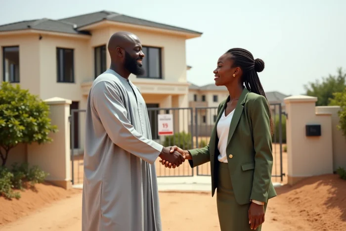 Agent immobilier et client sénégalais se serrant la main devant une villa à vendre en banlieue de Dakar