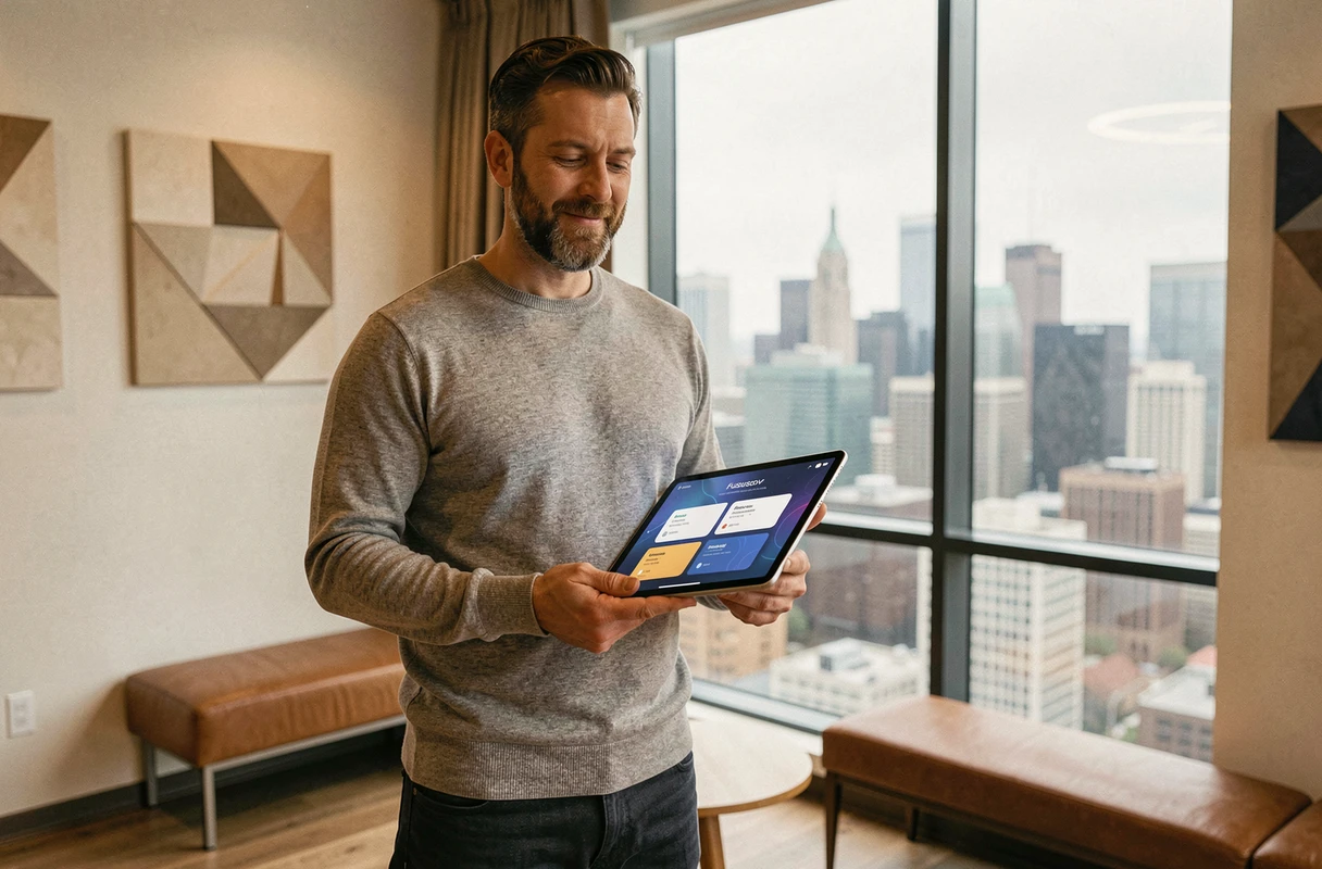 Entrepreneur consultant tenant une tablette avec l'interface redessinée de Fusov 2026 dans un espace de coworking moderne