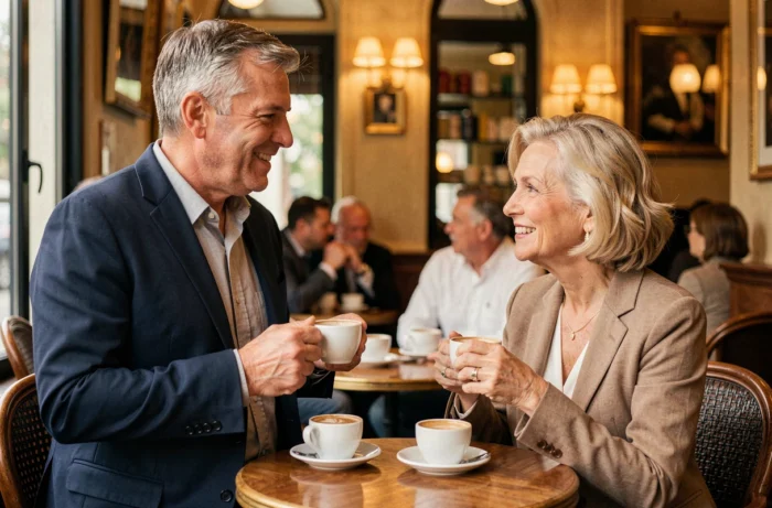 Couple élégant partageant un moment intime dans un café parisien, illustrant la vie amoureuse et la complicité d'un couple