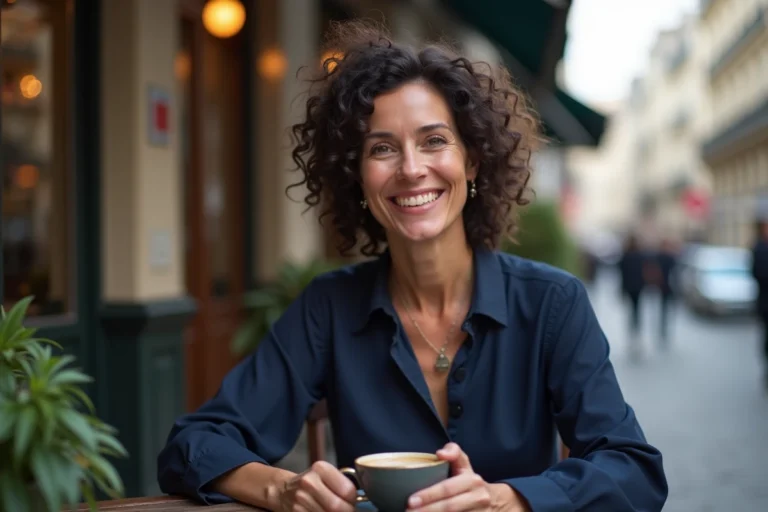 Femme élégante assise en terrasse de café parisien, évoquant la vie privée et le quotidien d'une personnalité publique française