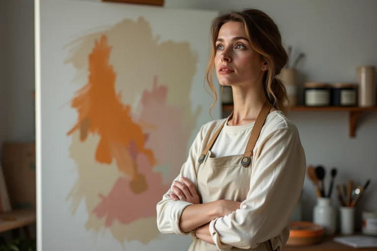 Artiste peintre passionnée devant une grande toile abstraite dans son atelier créatif, mains tachées de peinture et regard expressif