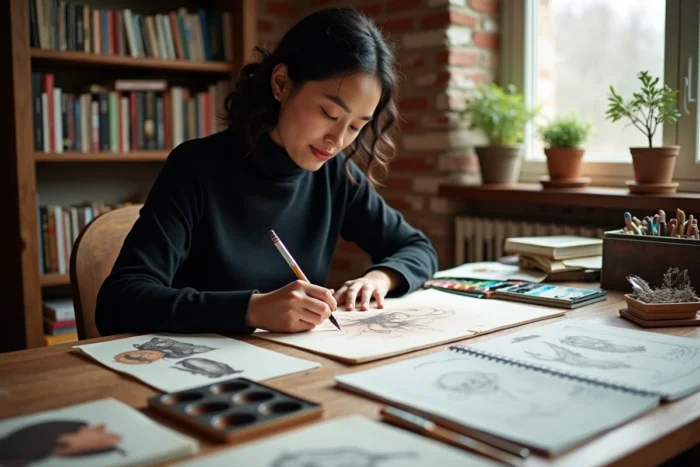 Artiste multidisciplinaire concentrée sur une illustration détaillée à son bureau de travail entouré de carnets et palettes aquarelle