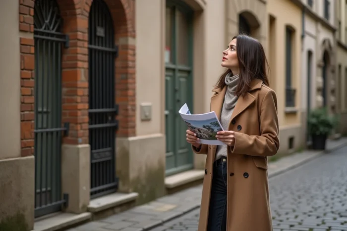 Femme consultant une brochure immobilière devant un immeuble lyonnais typique lors d'une visite de quartier à Lyon