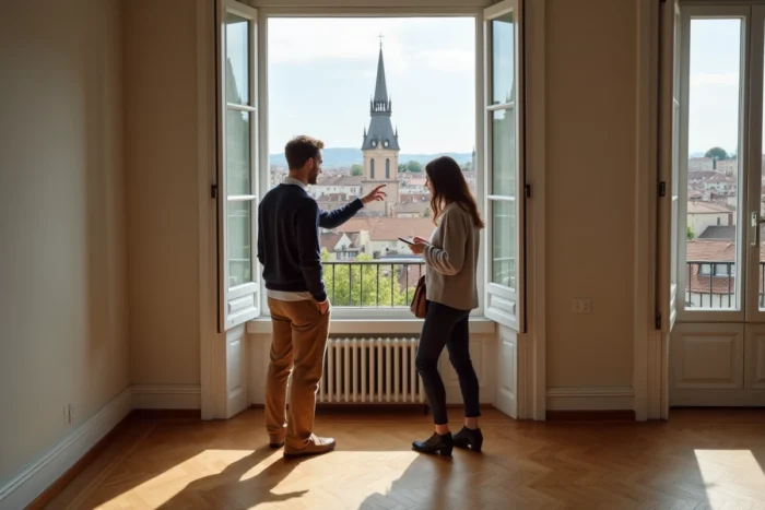 Couple visitant un appartement vide à Lyon avec vue sur les toits et la basilique de Fourvière lors d'un achat immobilier