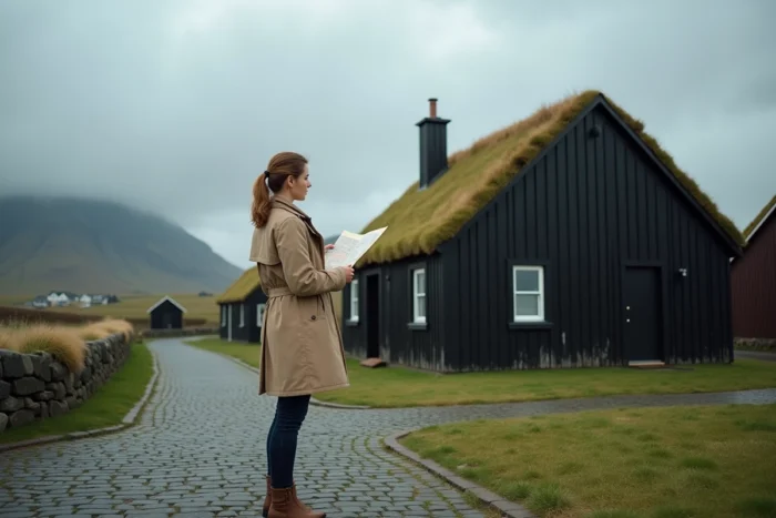 Femme étrangère visitant une maison traditionnelle à toit de tourbe aux Îles Féroé