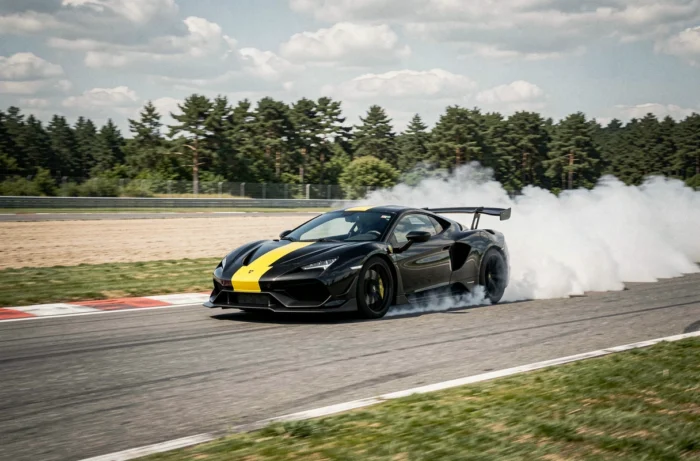 Voiture de sport noire en dérapage contrôlé sur un virage de circuit lors d'un stage de pilotage automobile