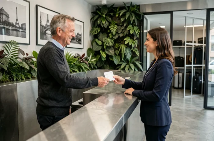 Voyageur solo effectuant son check-in dans un aparthotel moderne à Paris avec confirmation de réservation