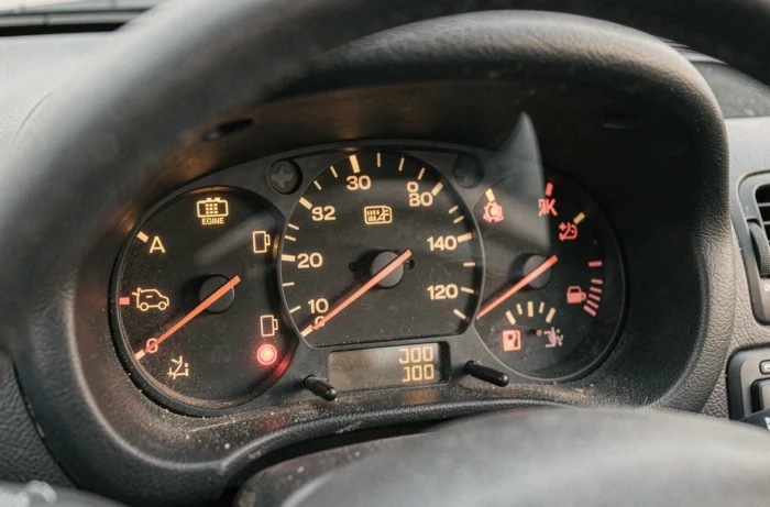 Tableau de bord Peugeot 206 avec voyants lumineux allumés en orange et rouge indiquant des alertes moteur et batterie