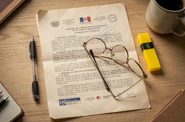 Vue aérienne du bulletin officiel de l'éducation nationale imprimé avec stylo et lunettes sur une table en bois